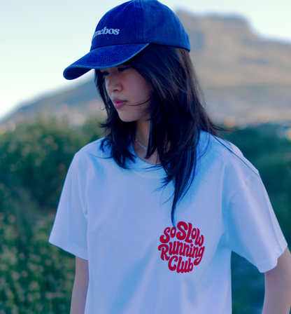 "So Slow in the Mountains" Orange Print - White Unisex Box Fit T-Shirt