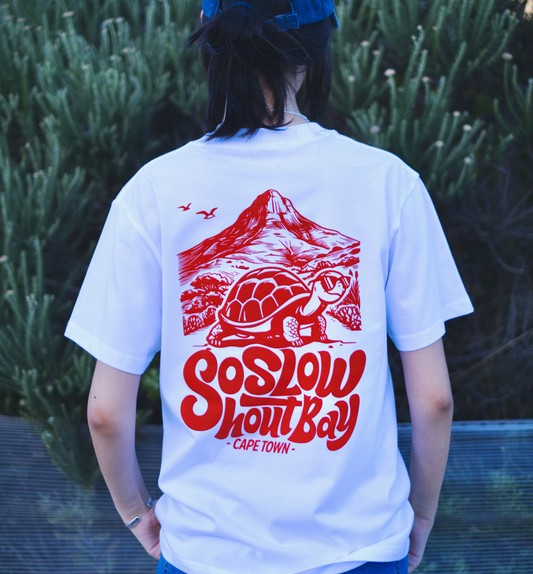 "So Slow in the Mountains" Orange Print - White Unisex Box Fit T-Shirt