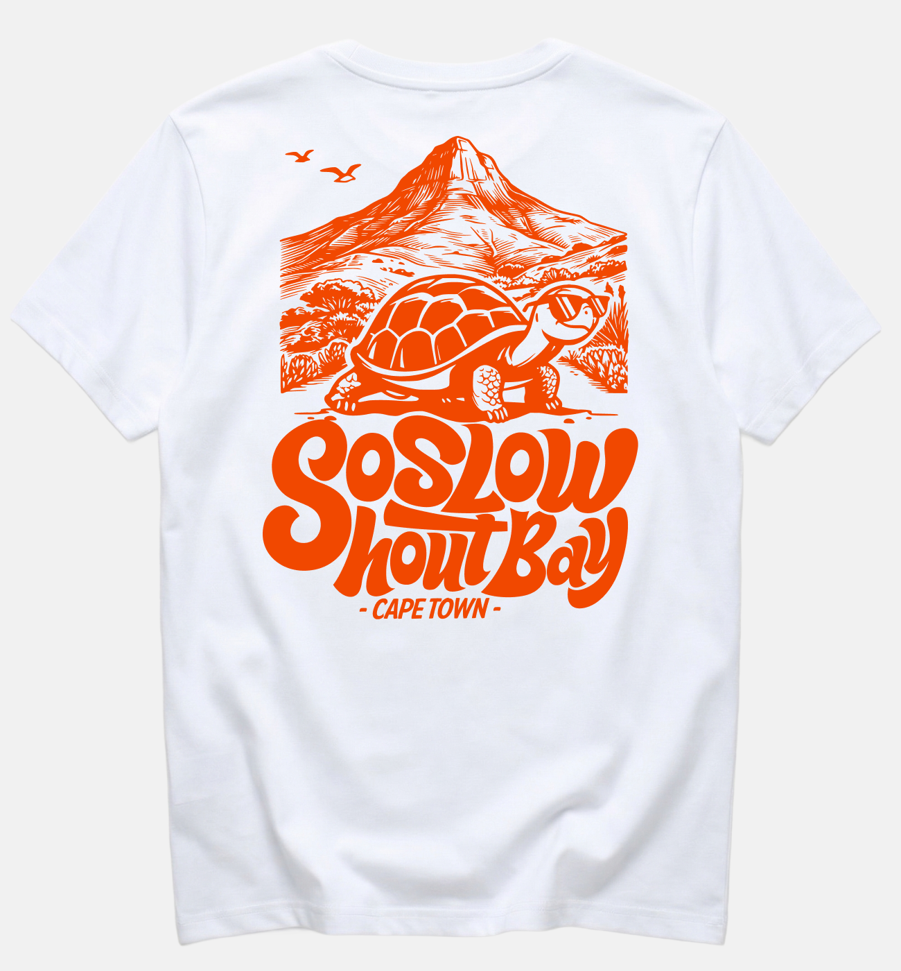 "So Slow in the Mountains" Orange Print - White Unisex Box Fit T-Shirt