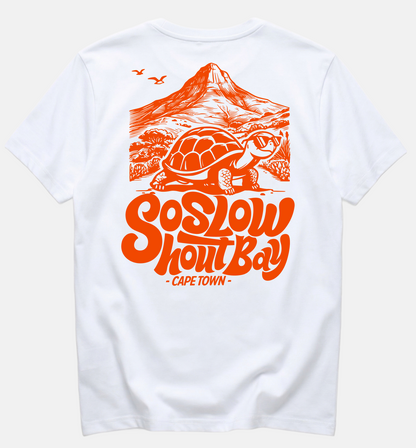 "So Slow in the Mountains" Orange Print - White Unisex Box Fit T-Shirt